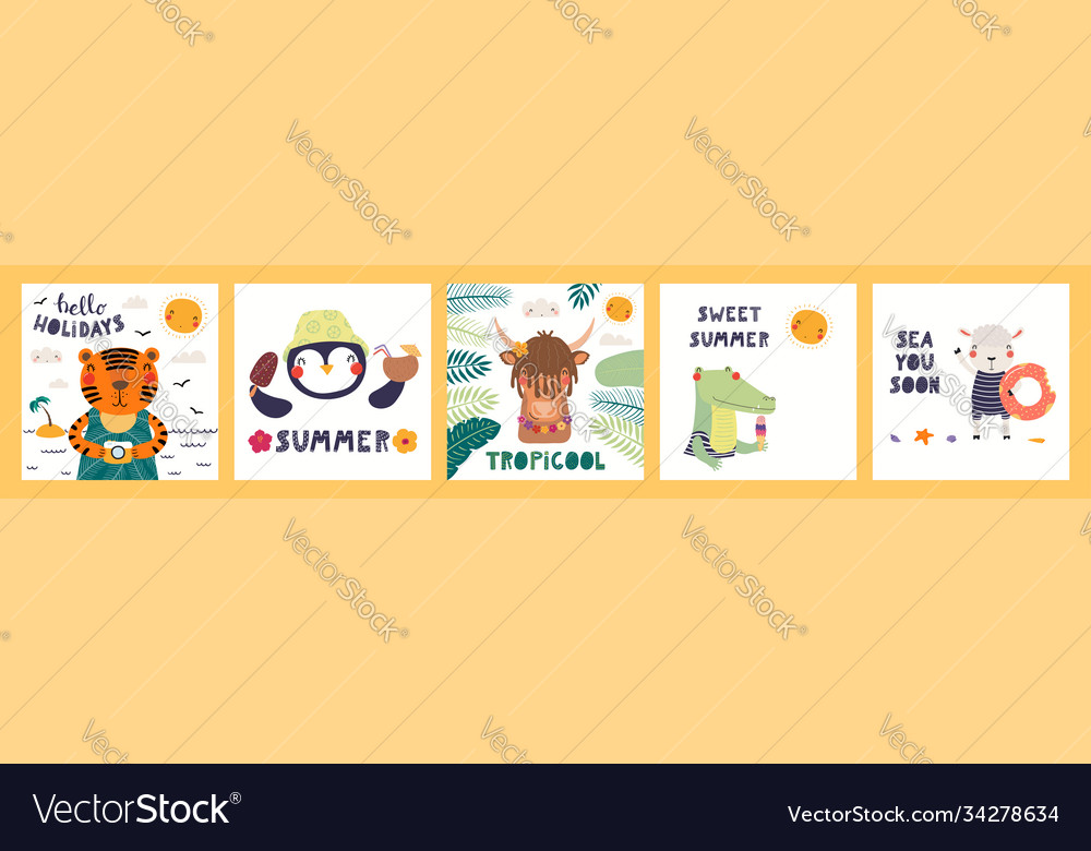 Cute animals summer cards set