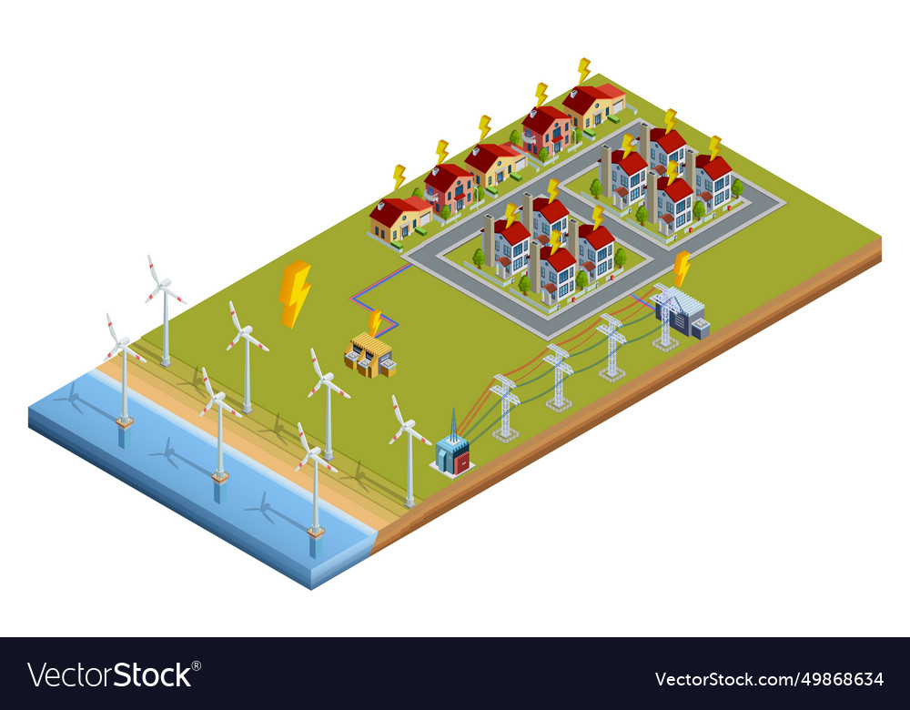 Electric power generation station isometric layout vector image Electric power generation station isometric layout