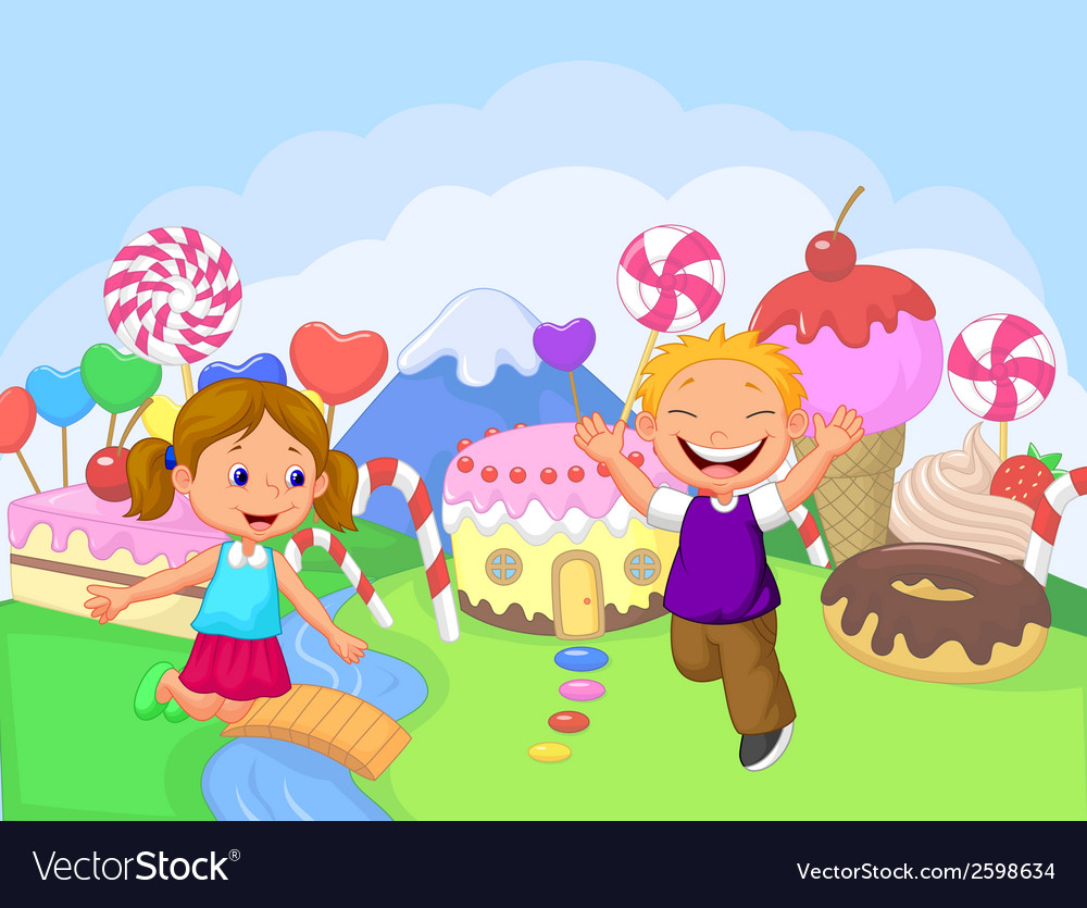 Happy children cartoon in the fantasy sweet land Vector Image