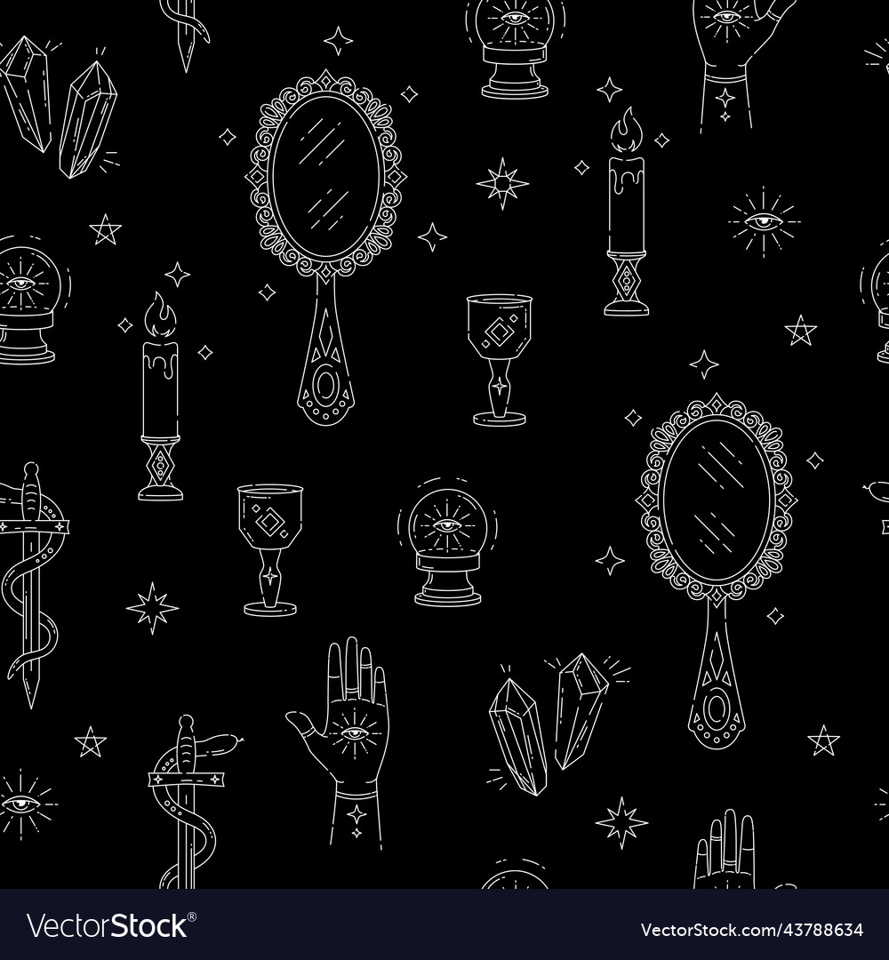 Magic seamless pattern with items mirror hands vector image Magic seamless pattern with items mirror hands