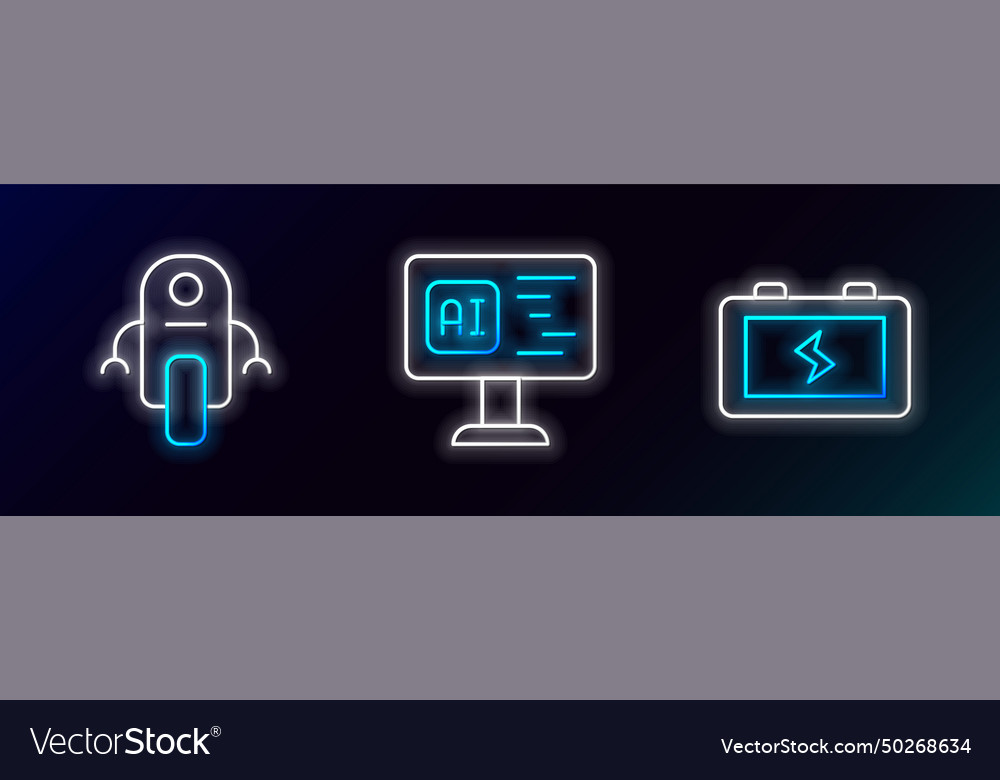 Set line battery robot and software icon glowing vector image Set line battery robot and software icon glowing