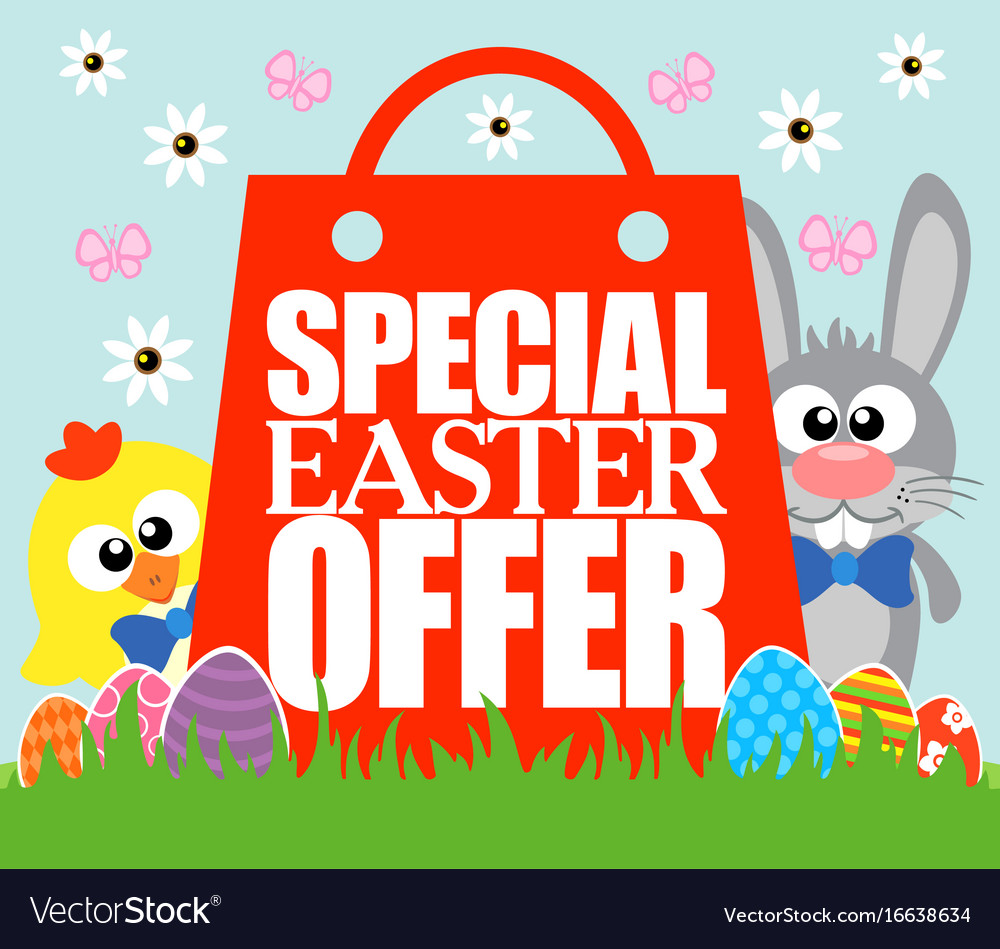 Special easter offer card funny rabbit and chick