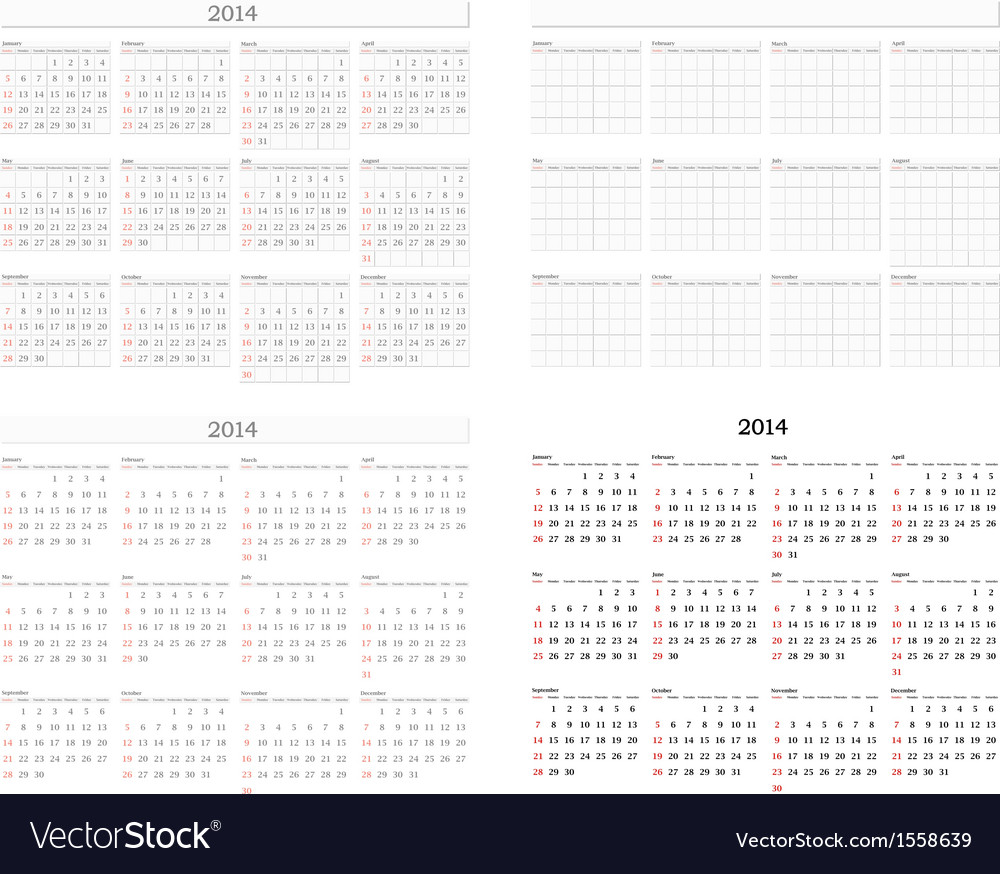 2014 calendar template set Royalty Free Vector Image