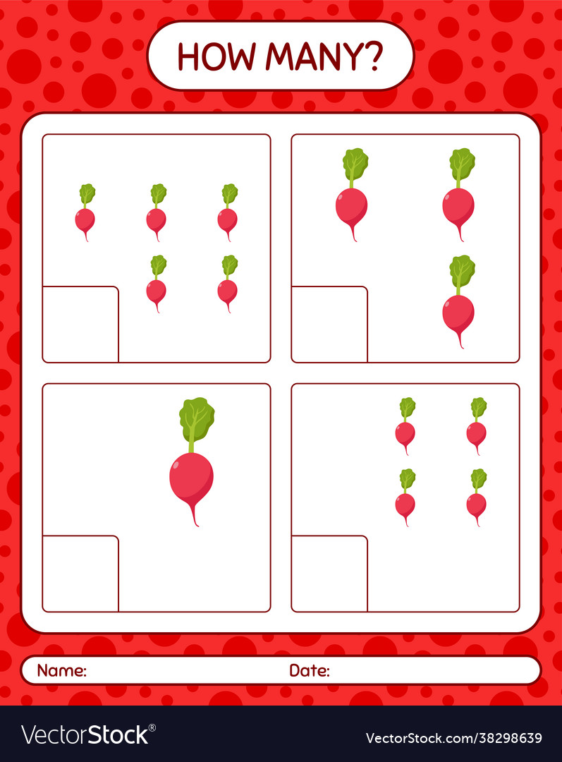 How many counting game with radish worksheet Vector Image How many counting game with radish worksheet