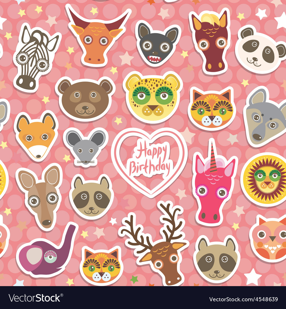 Seamless pattern funny animals white heart on pink