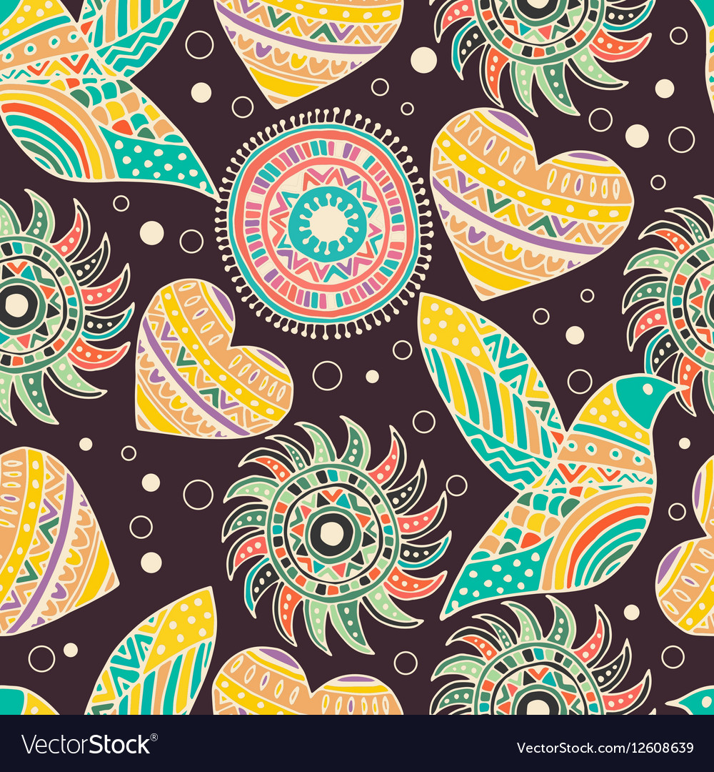 Seamless pattern with bird and heart in the style