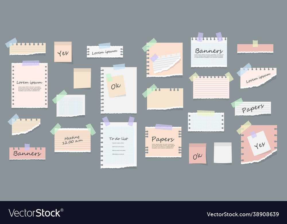Sticky notes memo messages torn paper sheets vector image Sticky notes memo messages torn paper sheets