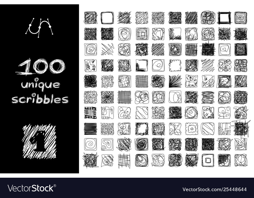Black 100 scribbles objects set vector image Black 100 scribbles objects set