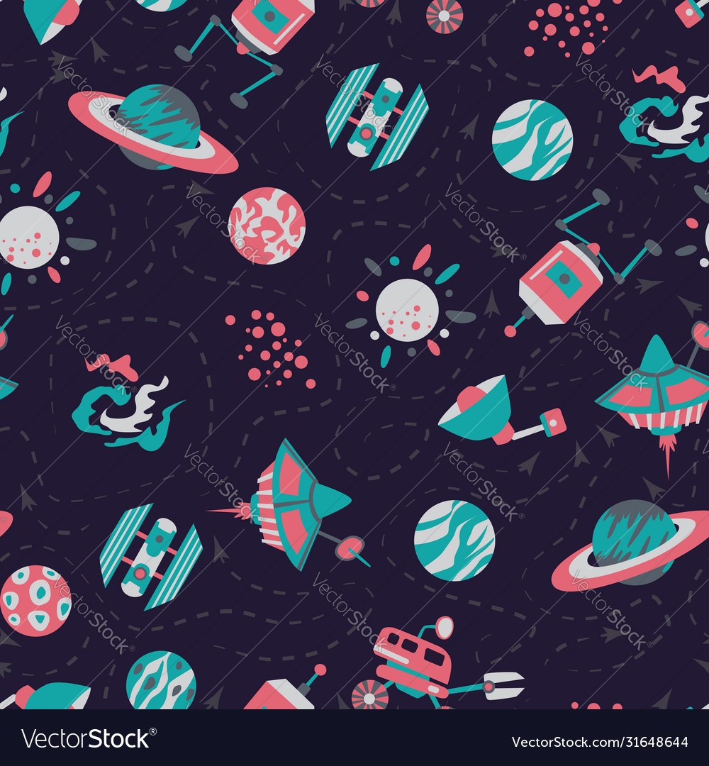 Seamless background with spaceships and stars vector image Seamless background with spaceships and stars