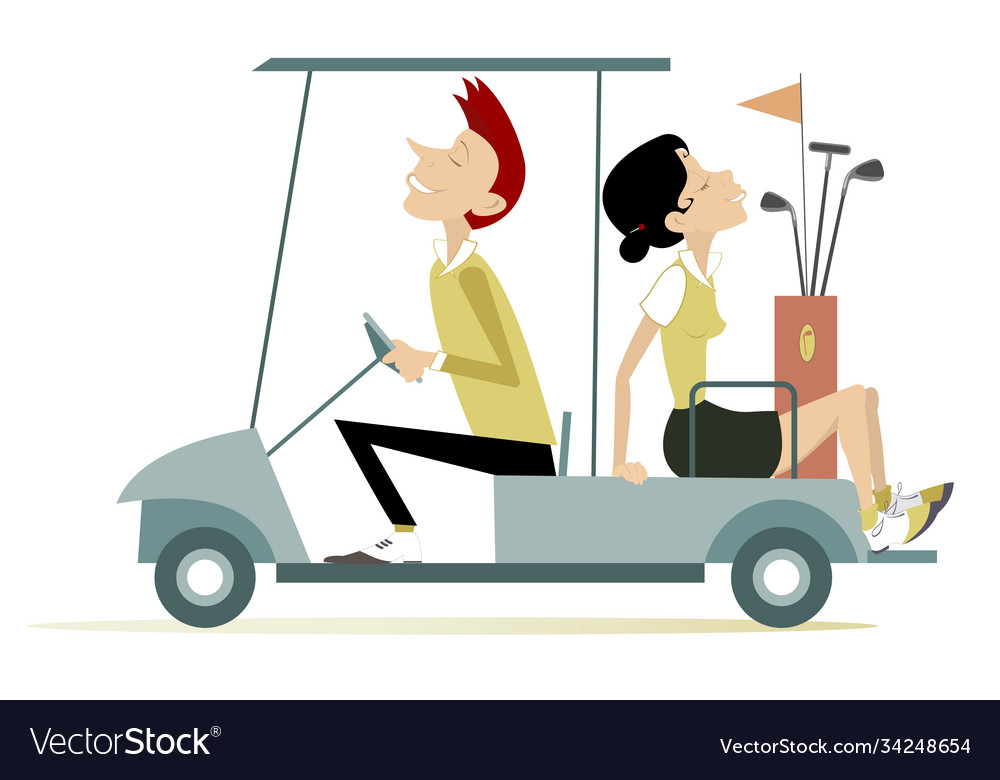 Man and woman ride on golf cart car