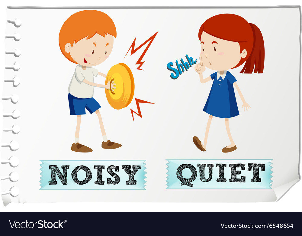 Opposite adjectives with noisy and quiet vector image. 