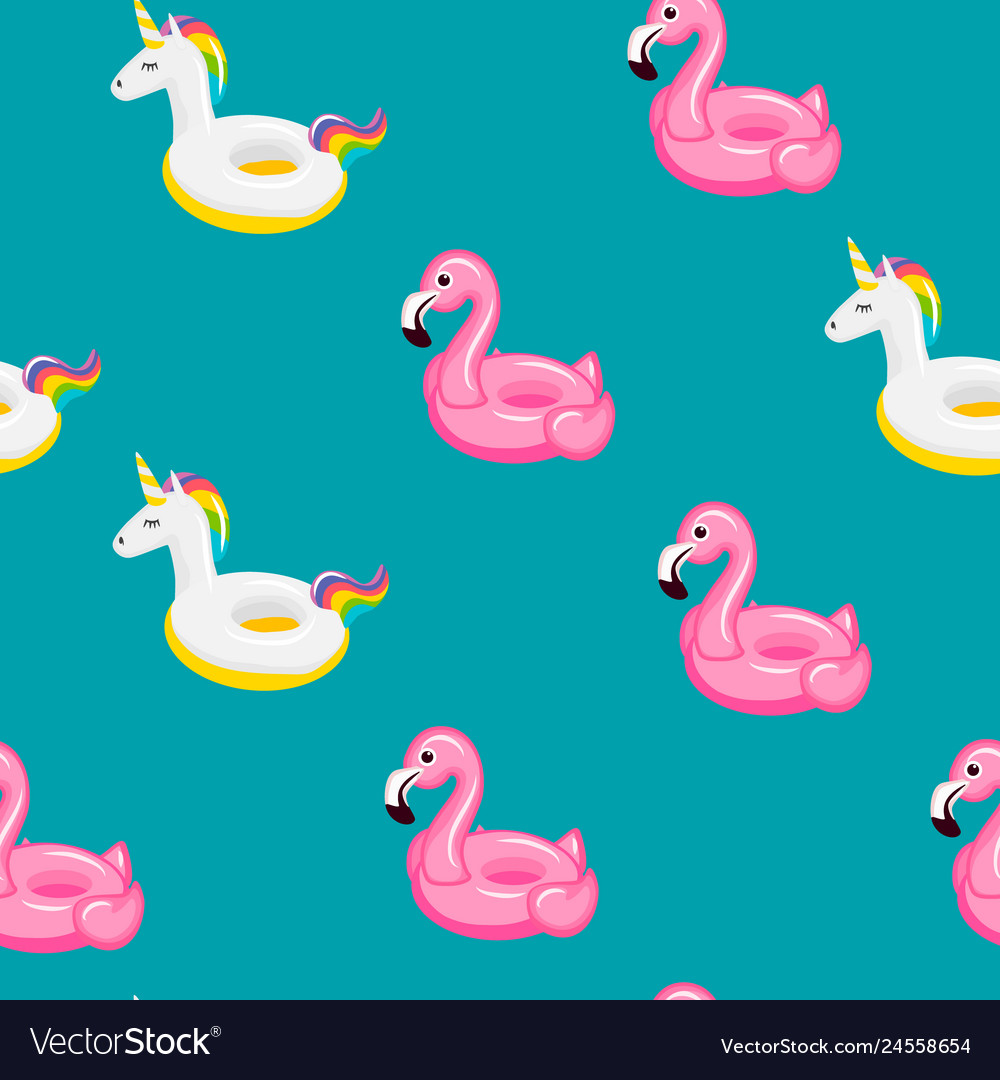 Seamless pattern flamingo and unicorn inflatable