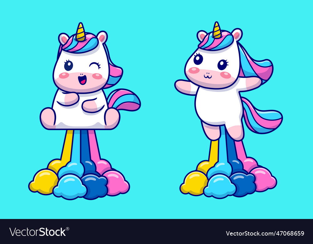 Cute unicorn flying with rainbow cartoon icon