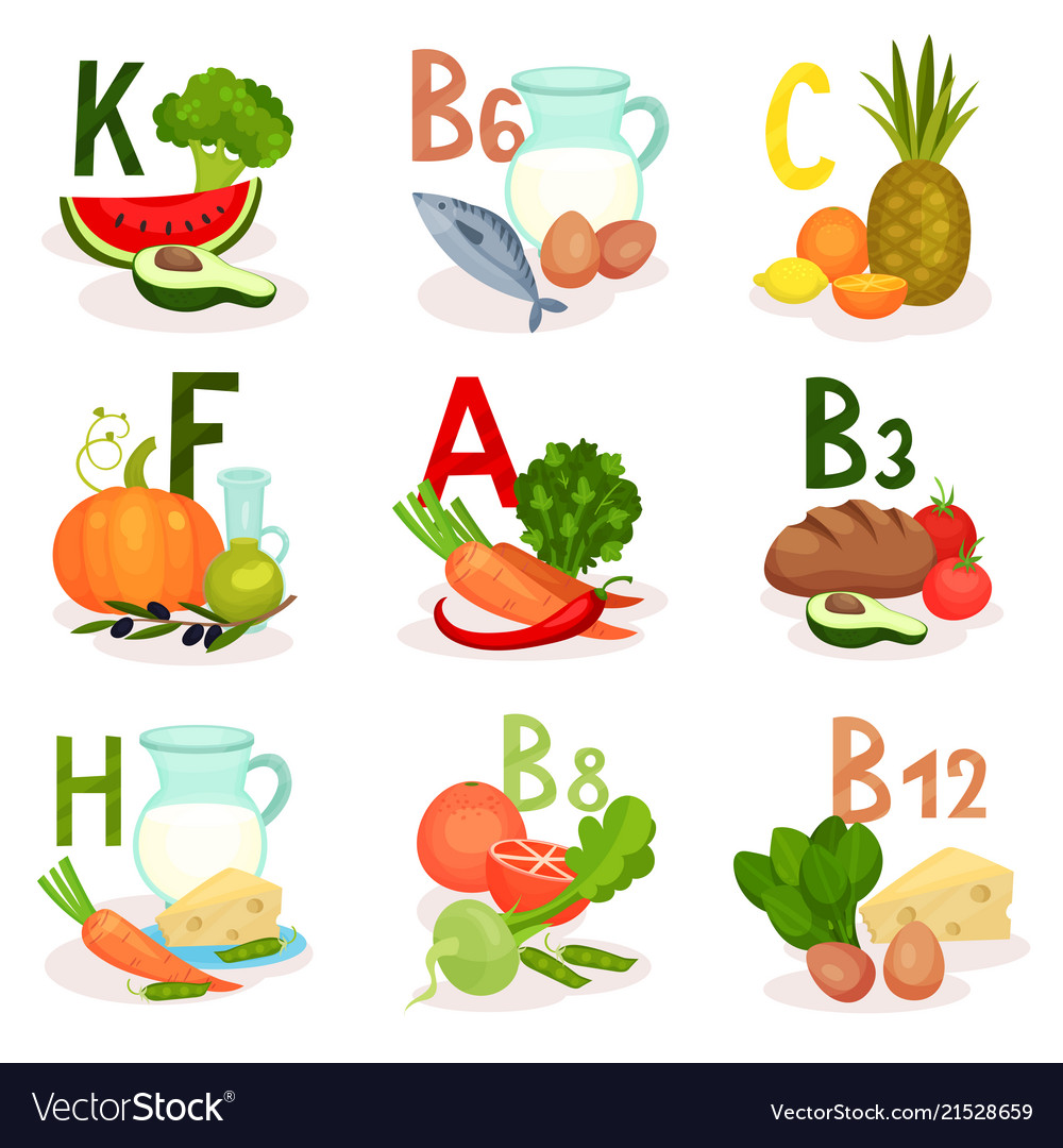 Food sources of different vitamins healthy Vector Image