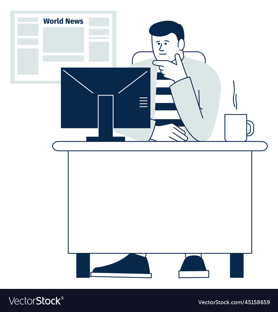 Man reading world news website on computer screen vector image Man reading world news website on computer screen