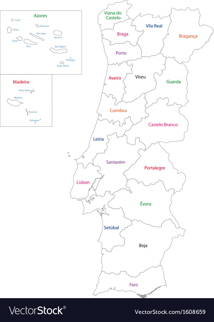 Detailed map of portugal with regions Royalty Free Vector