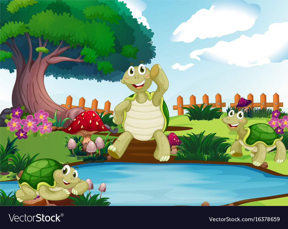 Three turtles by the pond Royalty Free Vector Image