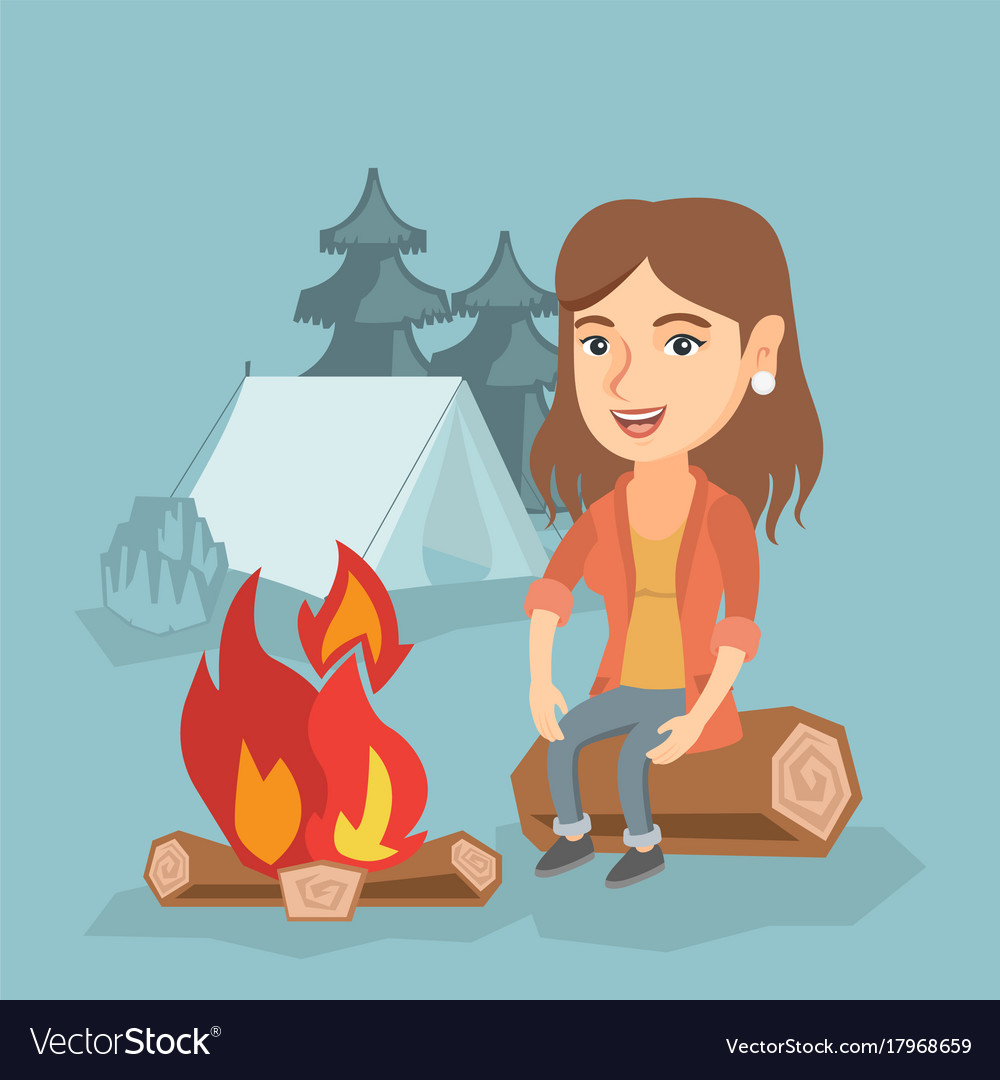 Woman sitting on log near campfire in camping Vector Image