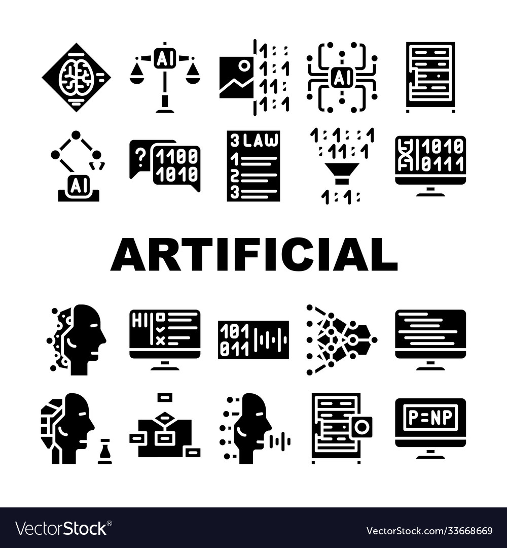 Artificial intelligence system icons set isolated vector image Artificial intelligence system icons set isolated