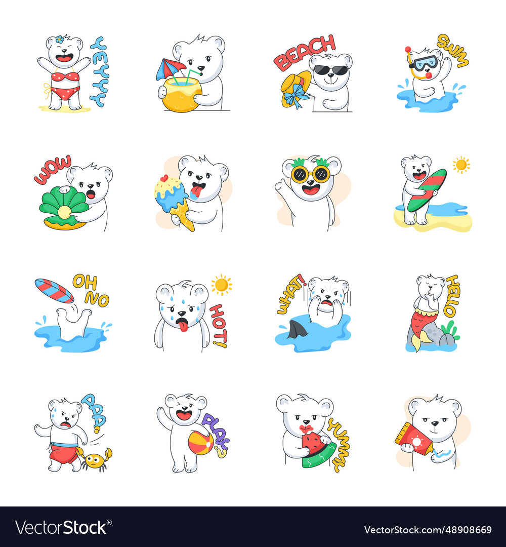 Cute collection of beach bears flat stickers Vector Image