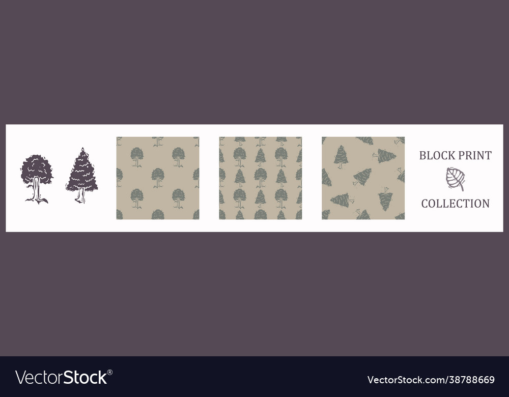 Seamless background block print collection tree vector image Seamless background block print collection tree