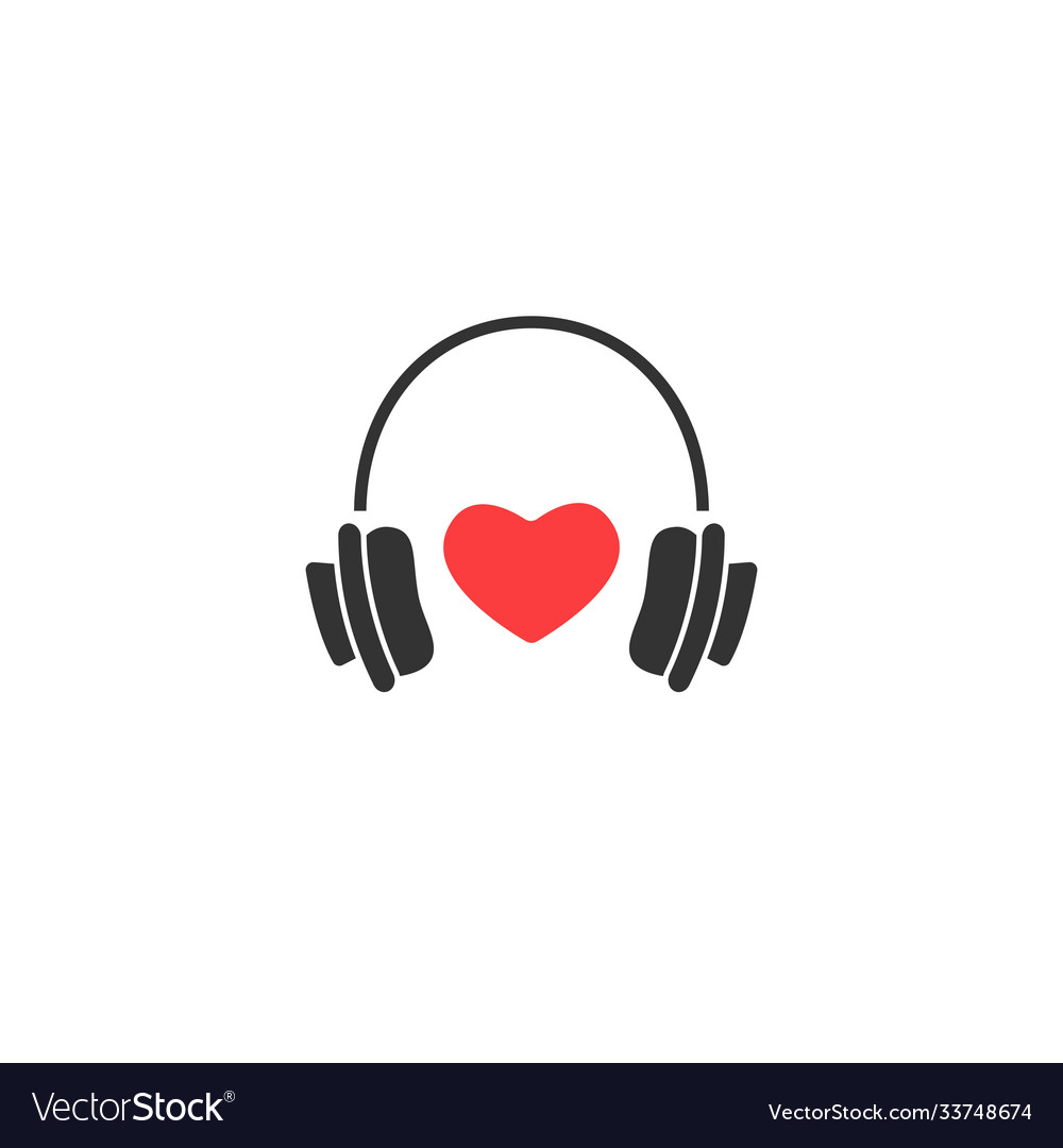 Black headphones with red heart icon flat Vector Image