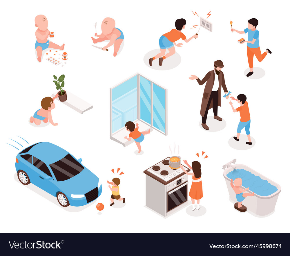 Children in dangerous situations isometric set Vector Image