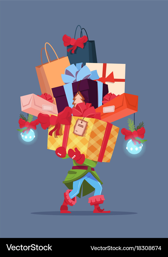 Elf holding gift boxes stack over gray background Vector Image