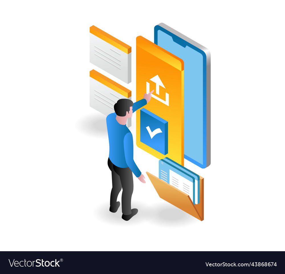 Man uploading data with smartphone vector image Man uploading data with smartphone