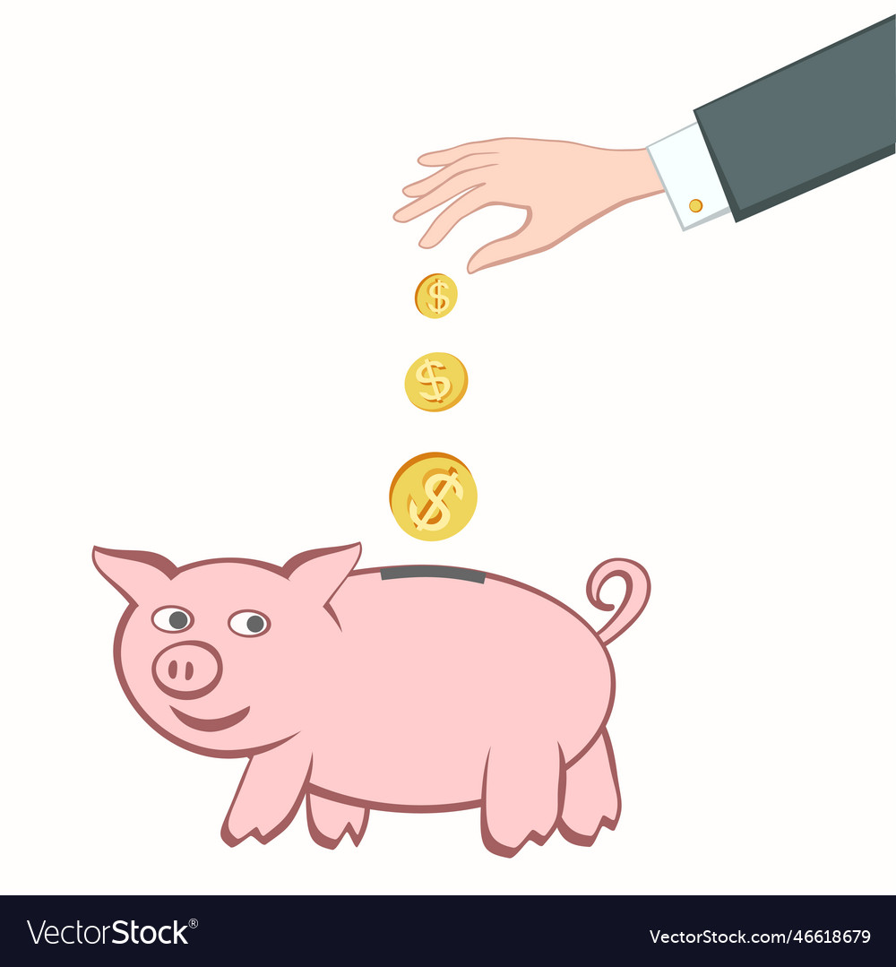 Geschäftsmann Hand legt Münze in Schweinegeld Bank Bargeld vector image Geschäftsmann Hand legt Münze in Schweinegeld Bank Bargeld