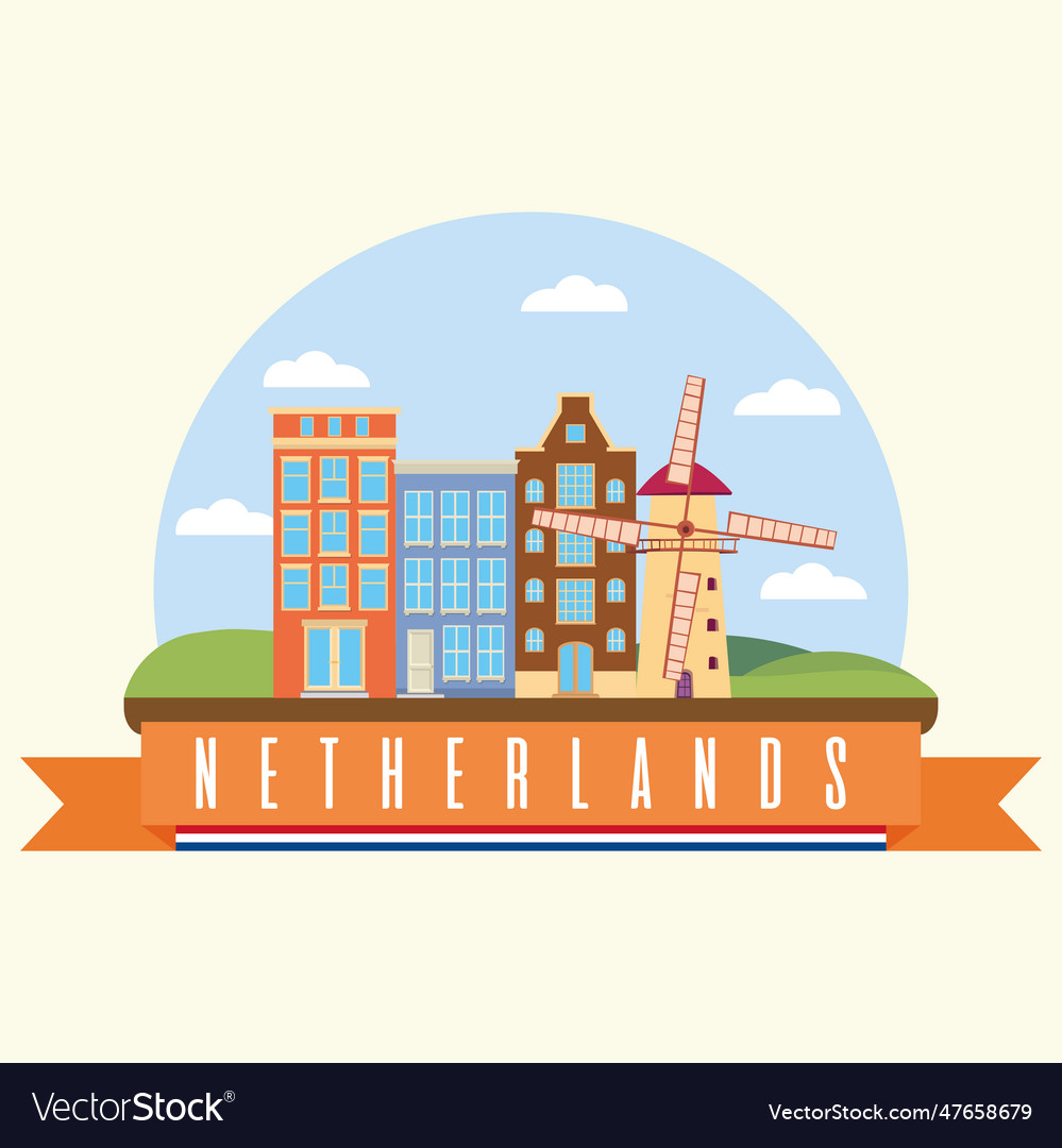 Colored city of netherlands with a windmill