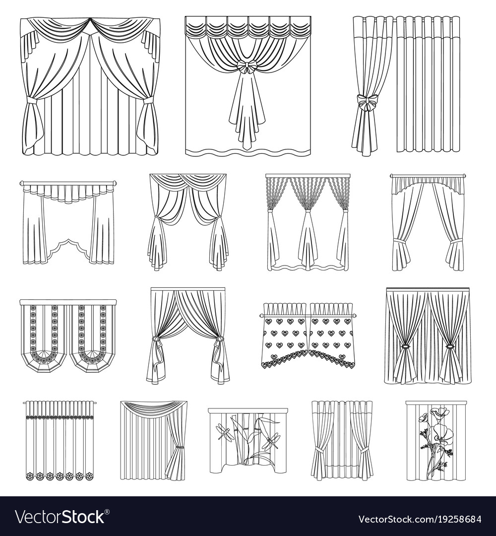 Different kinds of curtains outline icons in set