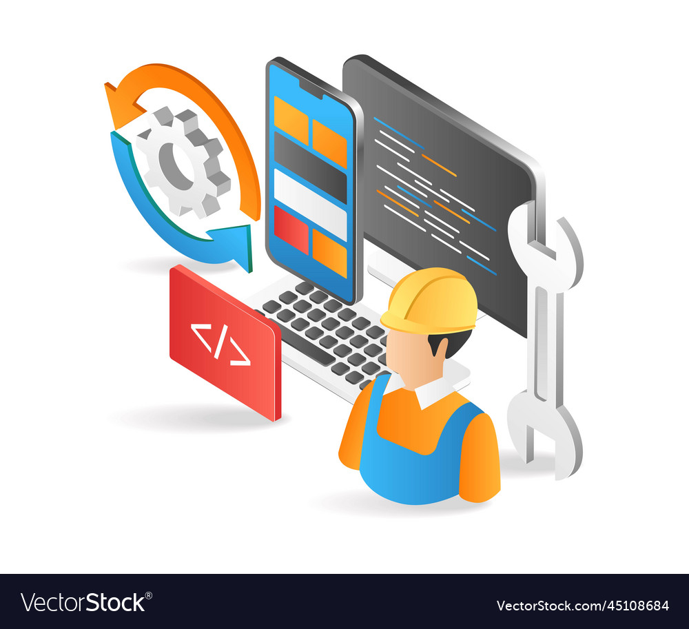 Flat isometric 3d of a web application designer vector image Flat isometric 3d of a web application designer