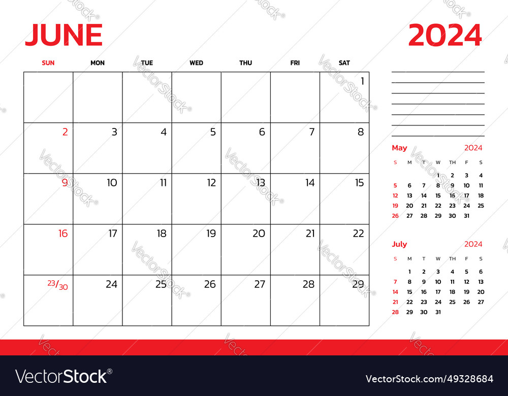 June 2024 calendar week start on sunday desk Vector Image