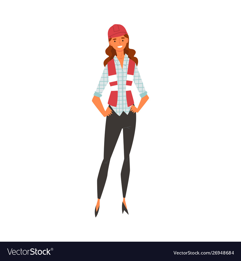 Smiling female building worker character with red vector image Smiling female building worker character with red