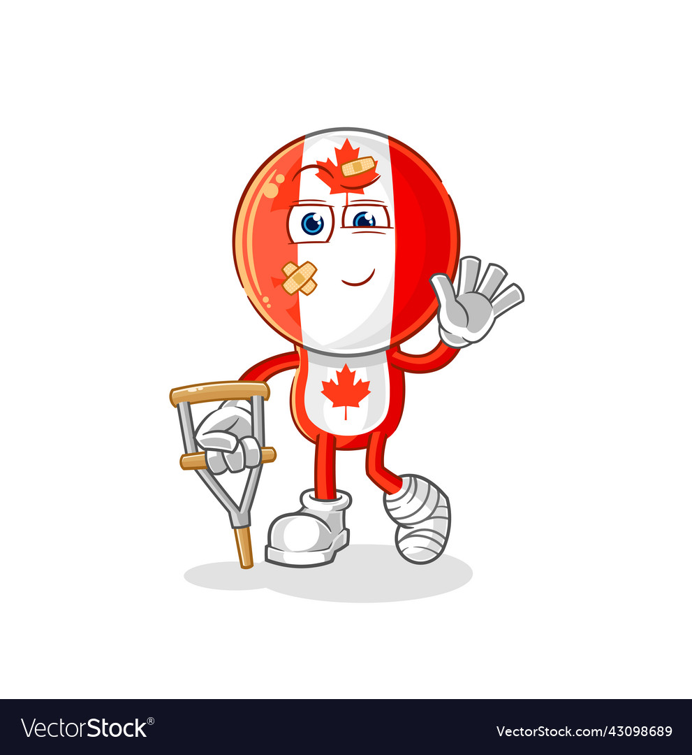 Canada flag head sick with limping stick cartoon