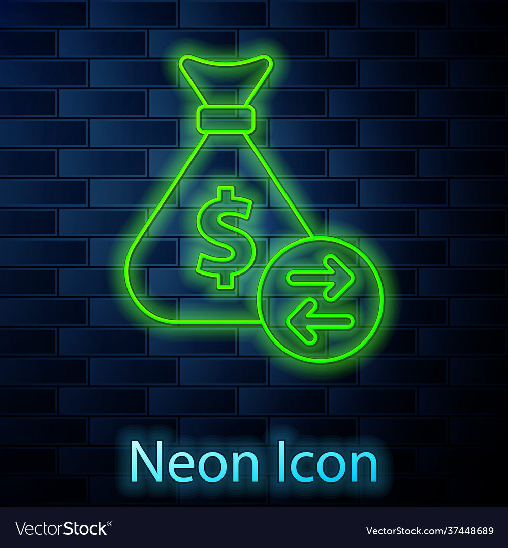 Glowing neon line money bag icon isolated on brick