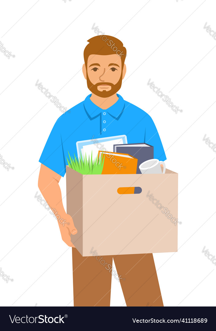 Sad jobless fired young man holds box with stuff Vector Image