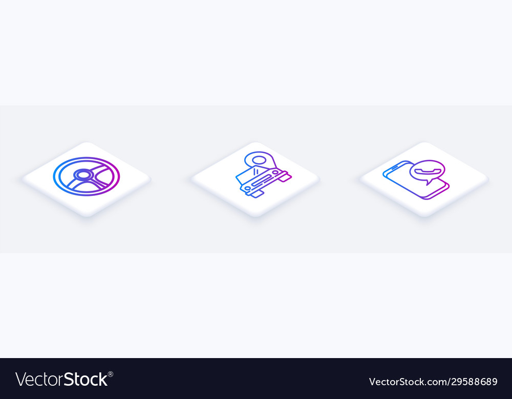 Set isometric line steering wheel map pointer vector image Set isometric line steering wheel map pointer