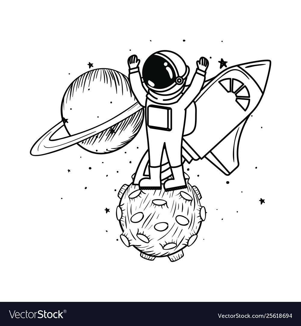 Astronaut with spacesuit and rocket in white