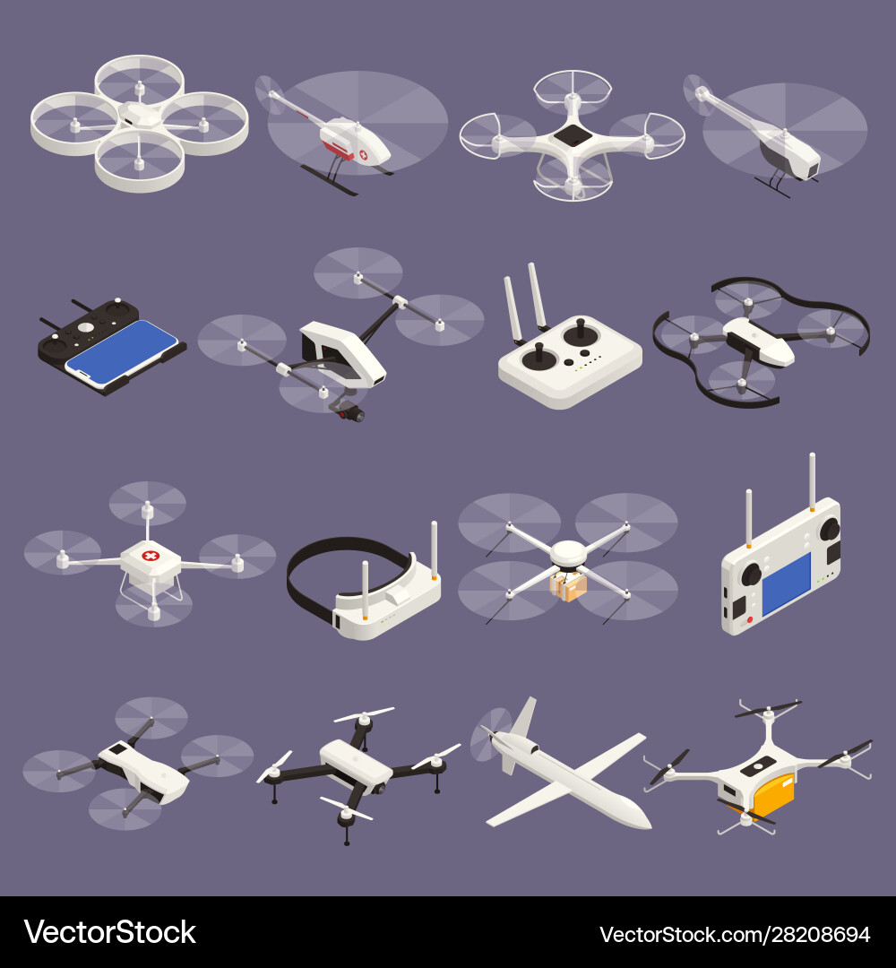 Drones isometric set Royalty Free Vector Image