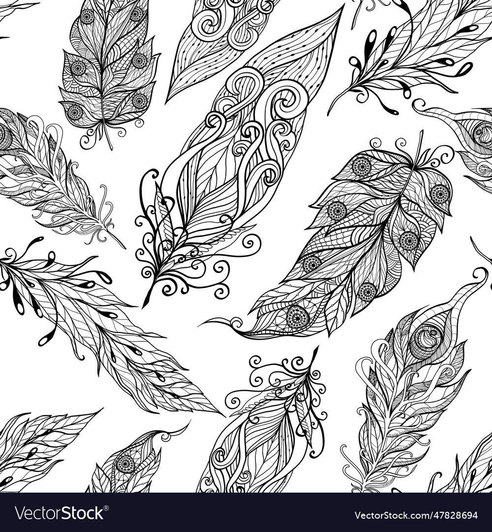 Feather seamless doodle black pattern