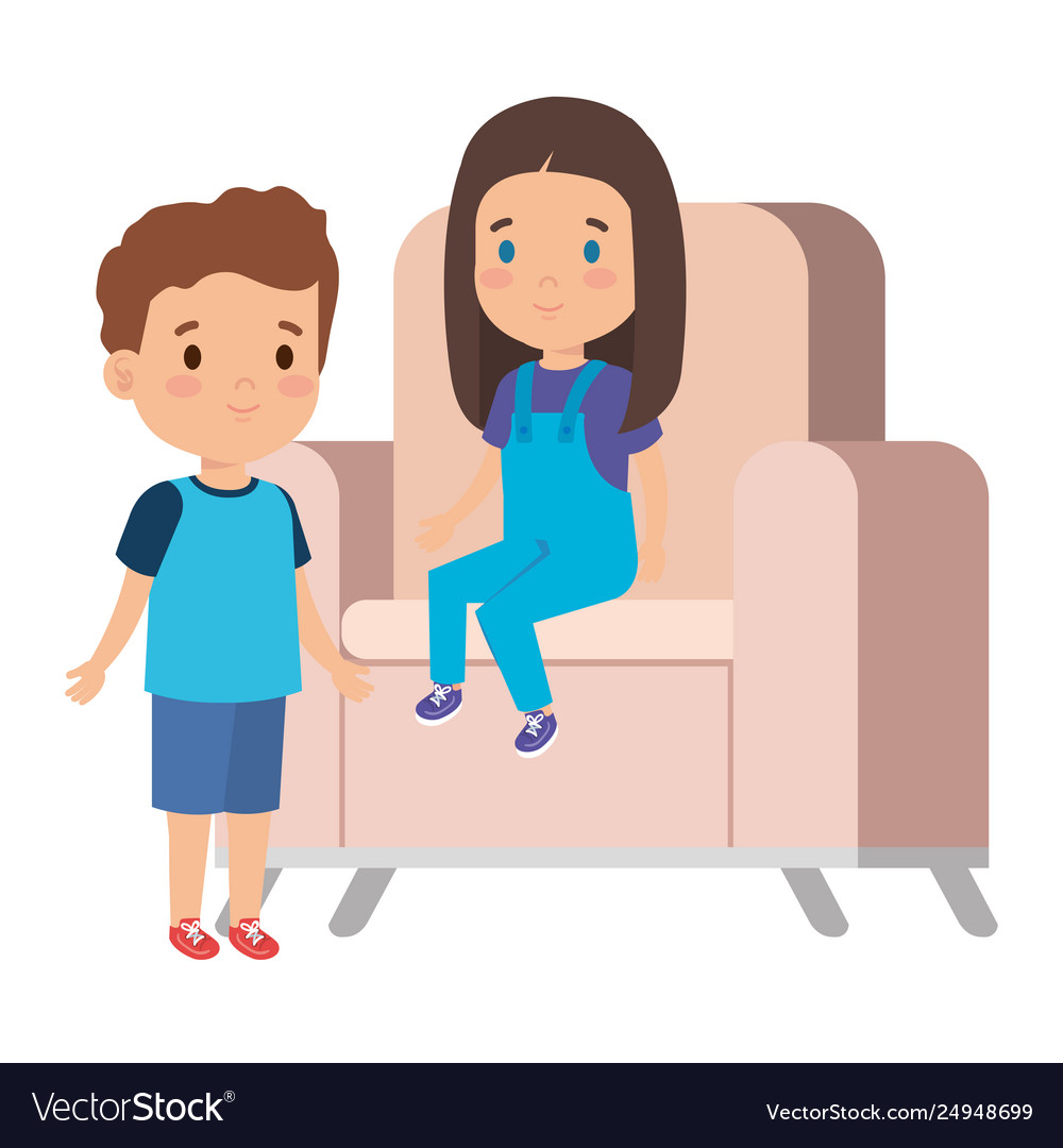 Little Kids Couple Sitting In Sofa Royalty Free Vector Image