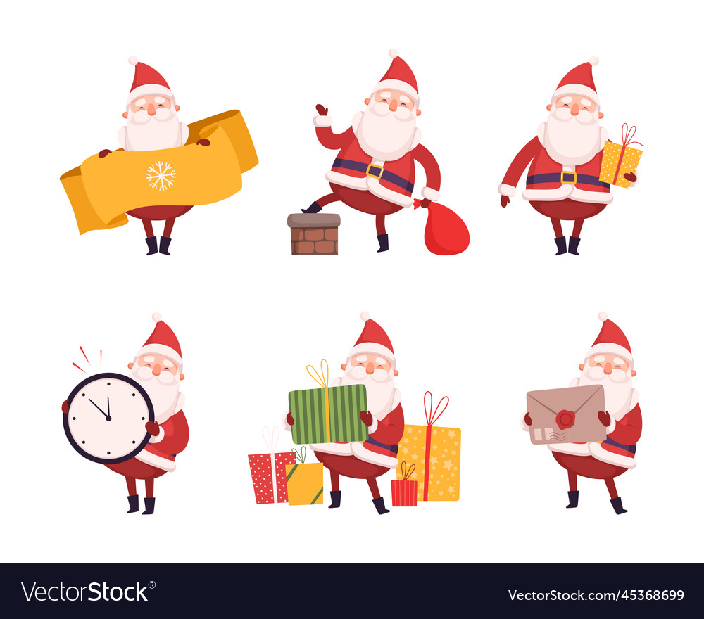 Set of funny santa claus character with gifts Vector Image