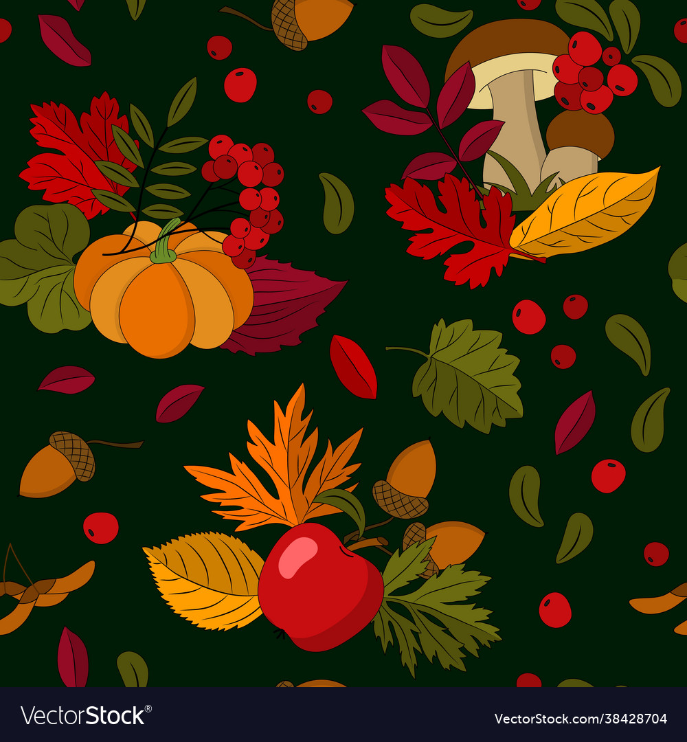 Fall pattern with natural elements on dark vector image Fall pattern with natural elements on dark