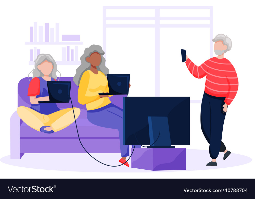Group of old people using computer and technology vector image Group of old people using computer and technology