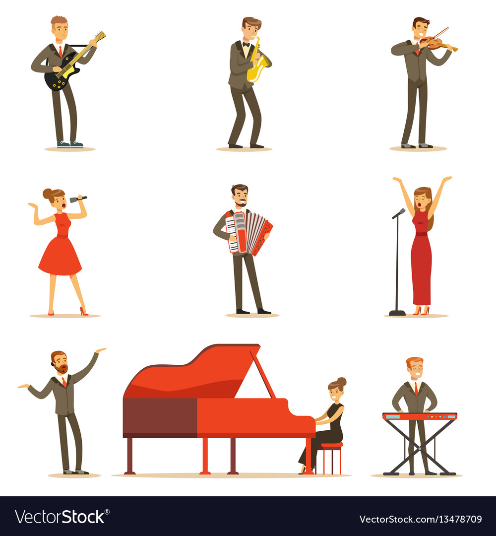 Adult musicians and singers performing a musical Vector Image