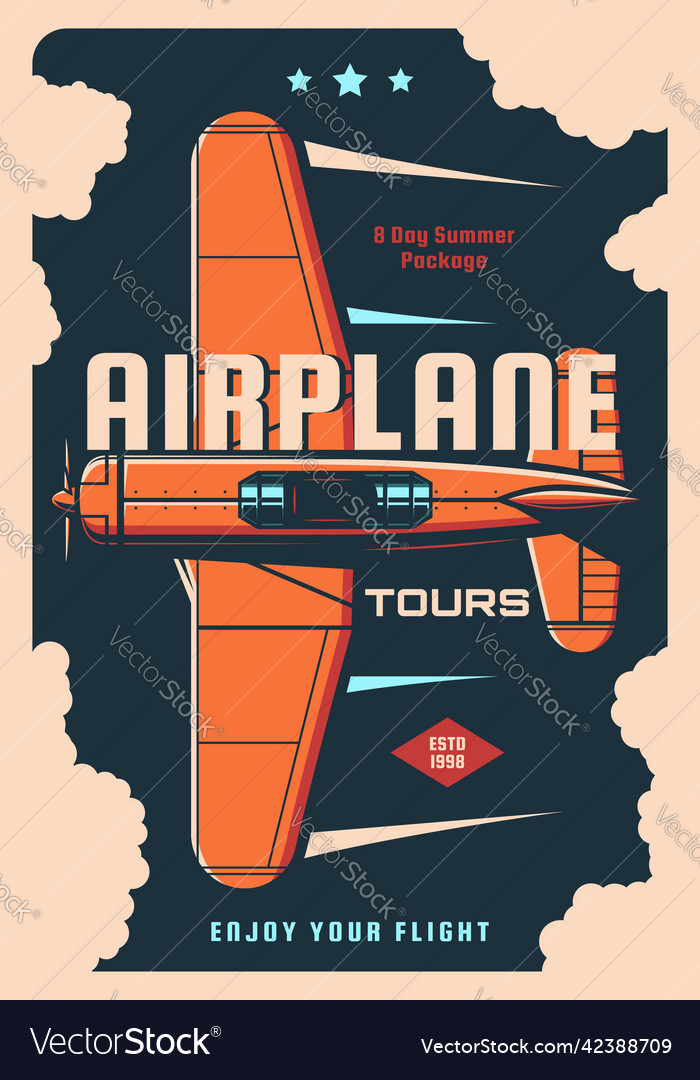 Airplane travel tours vintage poster old plane Vector Image