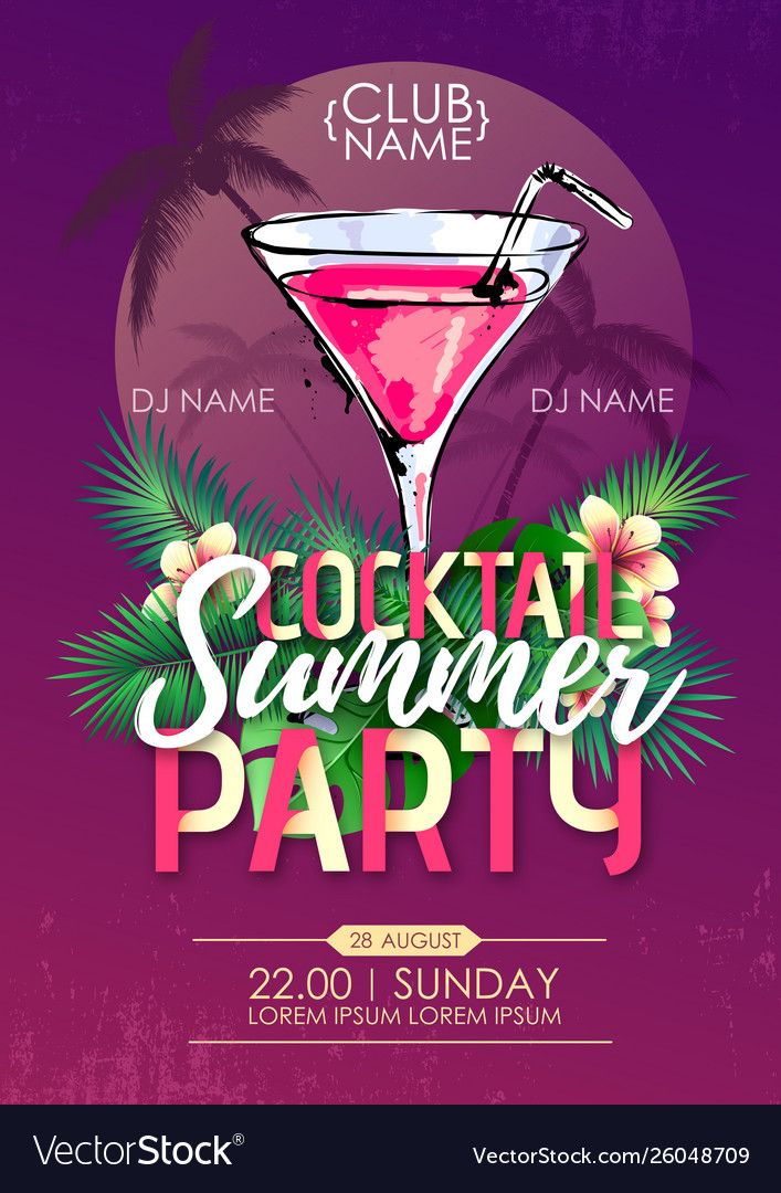 Summer beach party disco poster with cocktail Vector Image