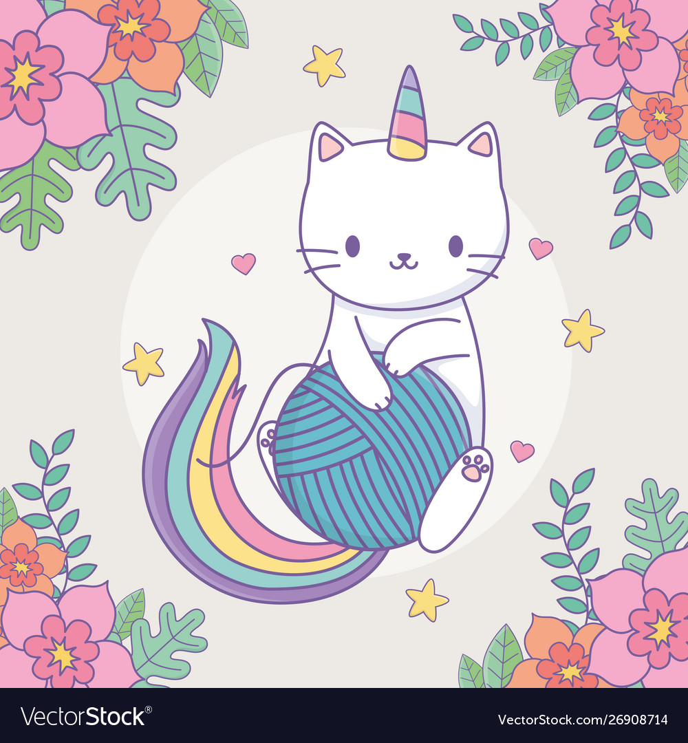 Cute caticorn with floral decoration and ball of Vector Image